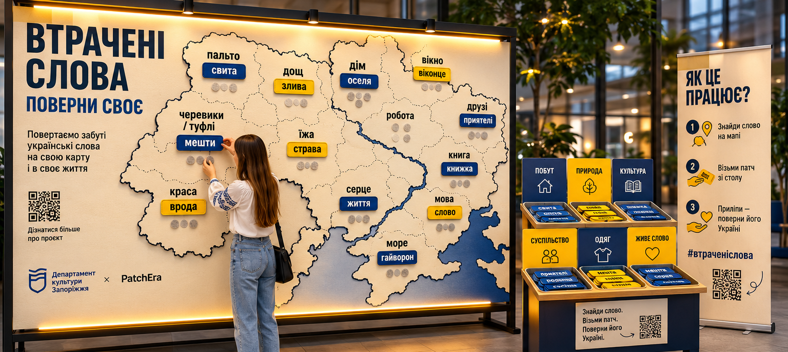 Інсталяція «Відроджені слова» — мапа України, на яку відвідувачка кріпить патч зі словом
